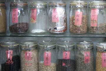 漢方素材の展示瓶陳列